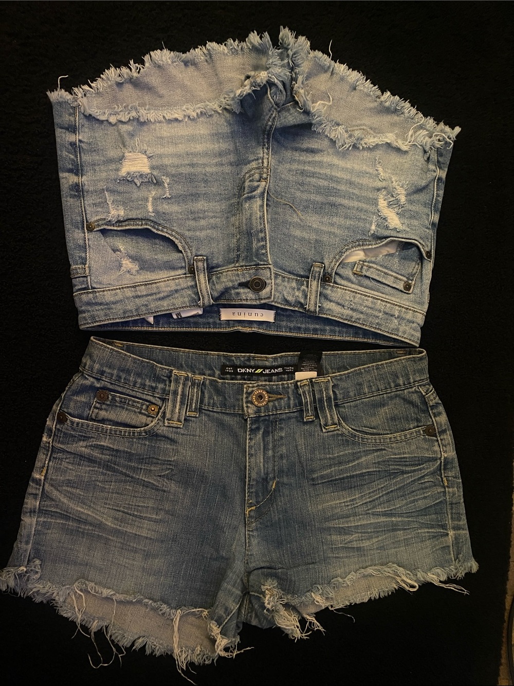 Eunina Light Blue Distressed Denim Shorts and DKNY “self” cut Denim shorts